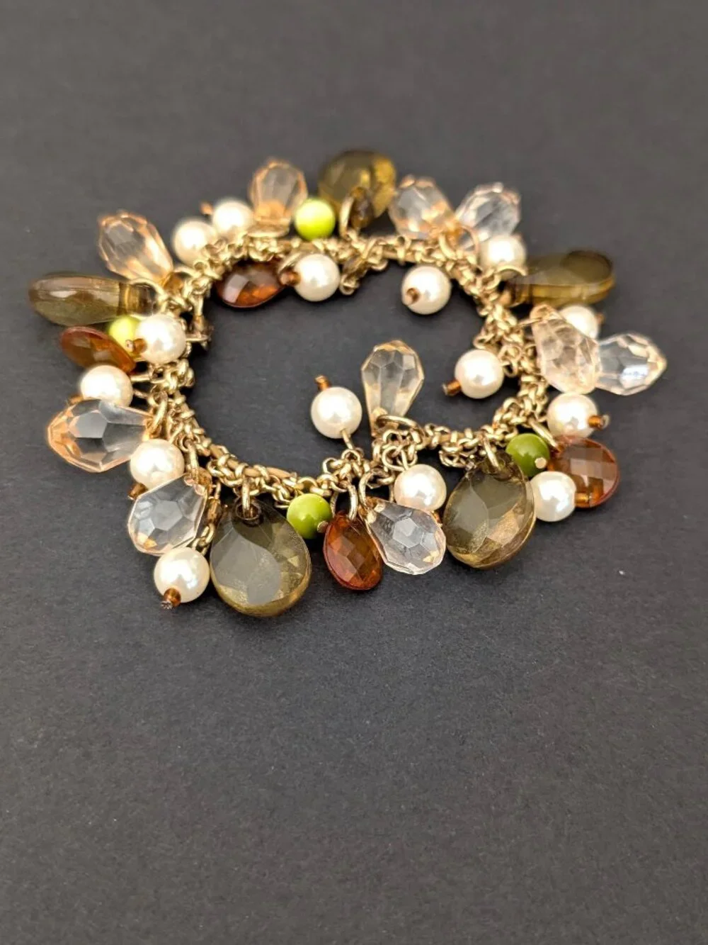 Pale green, orange, faux pearl stretch bracelet